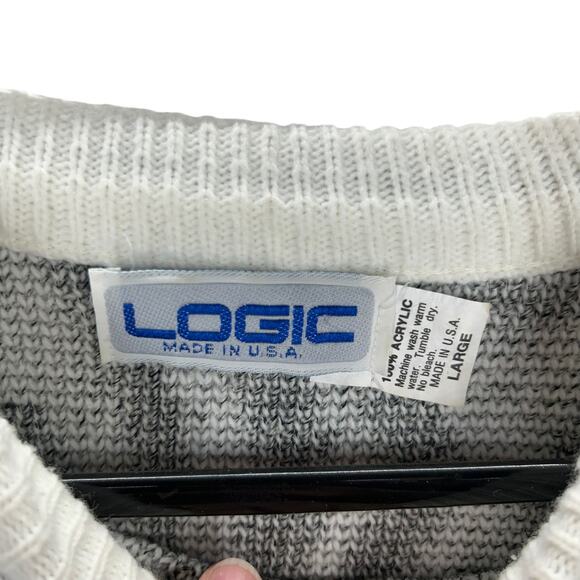 Vintage Logic Abstract Knit Sweater Gray White Pullover L Made in USA 90s Retro - Picture 2 of 4